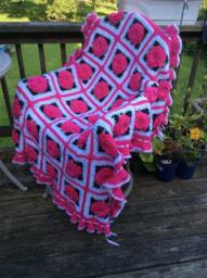 Crochet Rose Afghan Bright Pink Cottage Style Throw With Ruffles - thumbnail 2