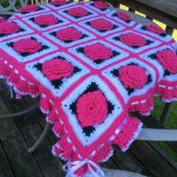 Crochet Rose Afghan Bright Pink Cottage Style Throw With Ruffles - thumbnail 4
