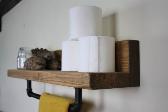 Rustic Industrial Bathroom Shelf With Towel Rail, Vintage, Dark Oak Oil, Reclaimed Style Shelves - image 1