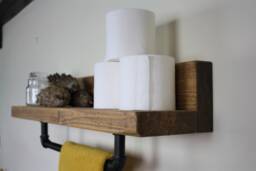 Rustic Industrial Bathroom Shelf With Towel Rail, Vintage, Dark Oak Oil, Reclaimed Style Shelves - thumbnail 1
