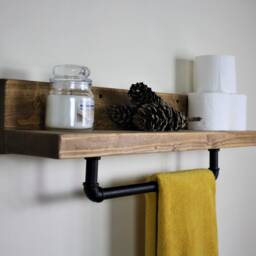 Rustic Industrial Bathroom Shelf With Towel Rail, Vintage, Dark Oak Oil, Reclaimed Style Shelves - thumbnail 2