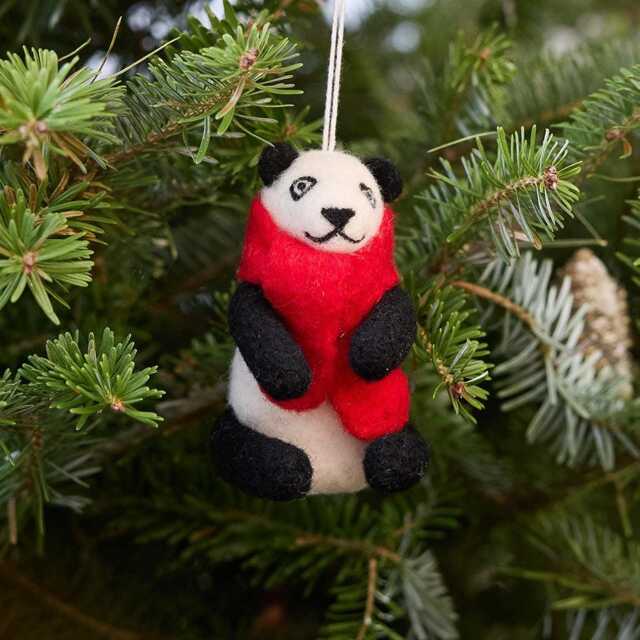 Jolly Red Scarf Panda Ornament, Hand Needle Felted Holiday Bear Charm, Handmade Christmas Decor - image 1