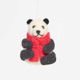 Jolly Red Scarf Panda Ornament, Hand Needle Felted Holiday Bear Charm, Handmade Christmas Decor - thumbnail 2