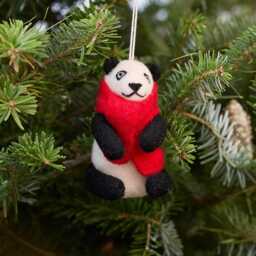 Jolly Red Scarf Panda Ornament, Hand Needle Felted Holiday Bear Charm, Handmade Christmas Decor - thumbnail 1