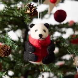 Jolly Red Scarf Panda Ornament, Hand Needle Felted Holiday Bear Charm, Handmade Christmas Decor - thumbnail 3
