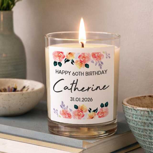 Personalised Floral Candle - Custom Glass Jar Gifts Ideas For Birthdays Retirement Thank You Presents - image 1