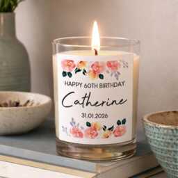 Personalised Floral Candle - Custom Glass Jar Gifts Ideas For Birthdays Retirement Thank You Presents - thumbnail 1