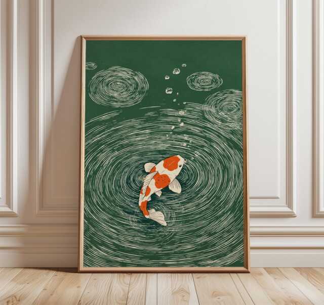 Koi Fish Wall Art, Japanese Ripple Illustration, Minimal Green & Orange Print, Zen Water Poster - image 1