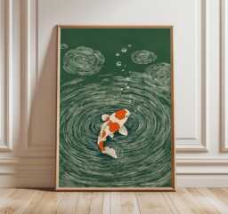 Koi Fish Wall Art, Japanese Ripple Illustration, Minimal Green & Orange Print, Zen Water Poster - thumbnail 1