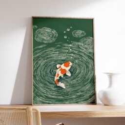 Koi Fish Wall Art, Japanese Ripple Illustration, Minimal Green & Orange Print, Zen Water Poster - thumbnail 2