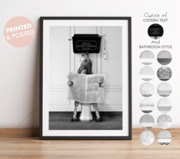 Black & White Brown Horse On Toilet With Newspaper, Victorian Toilet, Funny Bathroom Print, Animal Whimsy Wall Art - thumbnail 1