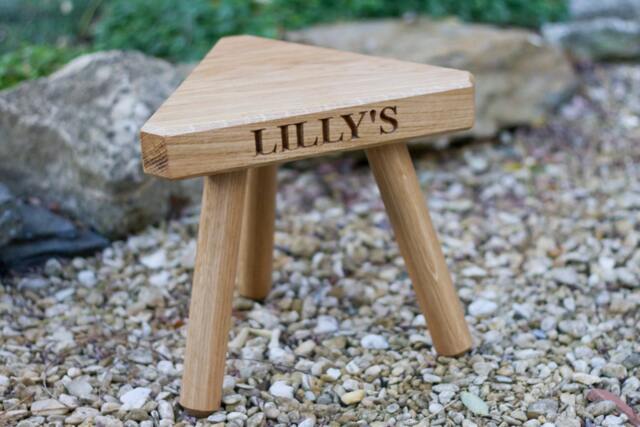 The Fine Wooden Articles Childs Solid Oak Personalised Engraved Milking Stool - image 1
