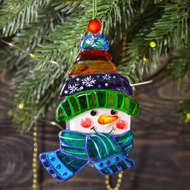 Snowman Glass Christmas Ornament Hand Painted Fused Art Unique Home Decor - image 1