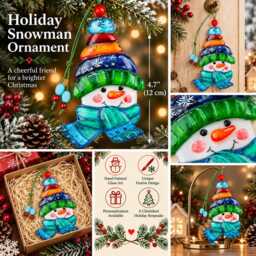 Snowman Glass Christmas Ornament Hand Painted Fused Art Unique Home Decor - thumbnail 3
