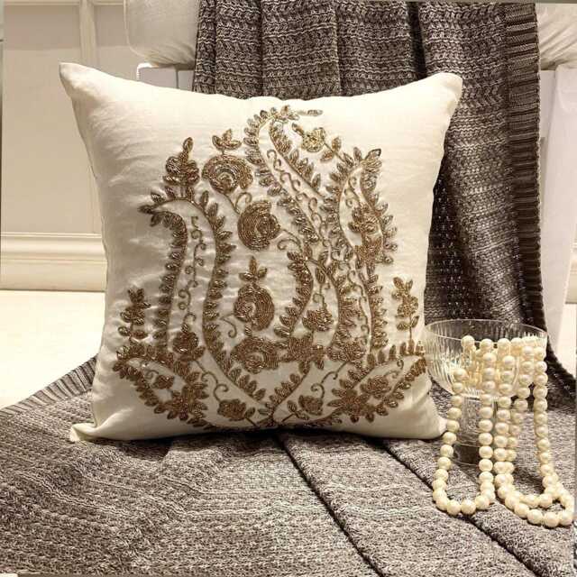 White Cotton Linen Zardozi Embroidered Nature & Floral Pattern, Contemporary Throw Pillow Cover - Gold Magical Garden - image 1