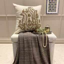 White Cotton Linen Zardozi Embroidered Nature & Floral Pattern, Contemporary Throw Pillow Cover - Gold Magical Garden - thumbnail 2