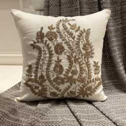White Cotton Linen Zardozi Embroidered Nature & Floral Pattern, Contemporary Throw Pillow Cover - Gold Magical Garden - thumbnail 3