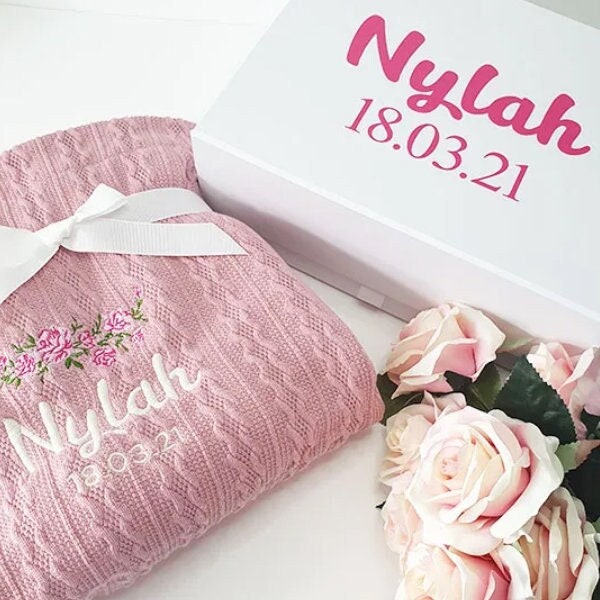 Personalised Baby Blanket & Gift Box Set - Embroidery Cable Knit Wrap - image 1