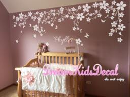 Flower Floral Decals Name Wall Cherry Blossoms Sticker Wedding Office-White Vines With Butterfly Decals-Dk114