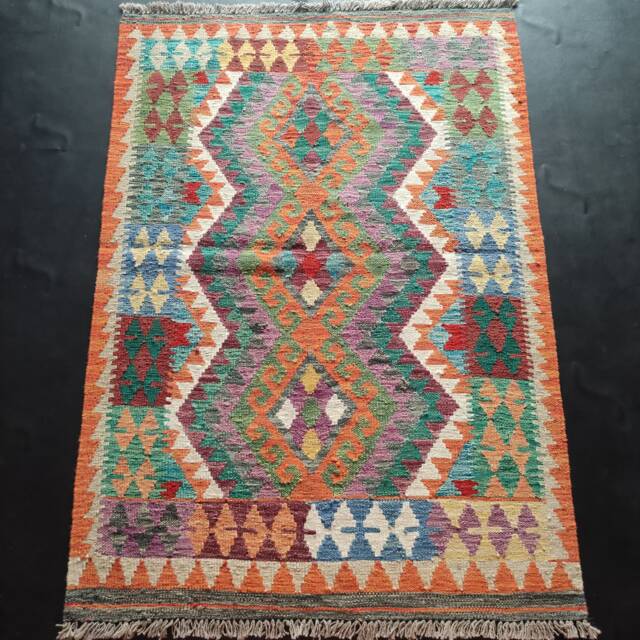 Tribal Rug Multicolour, Handmade Artisan Afghan Turkish Aztec Geometric Wool Kilim 147x102 cm - image 1