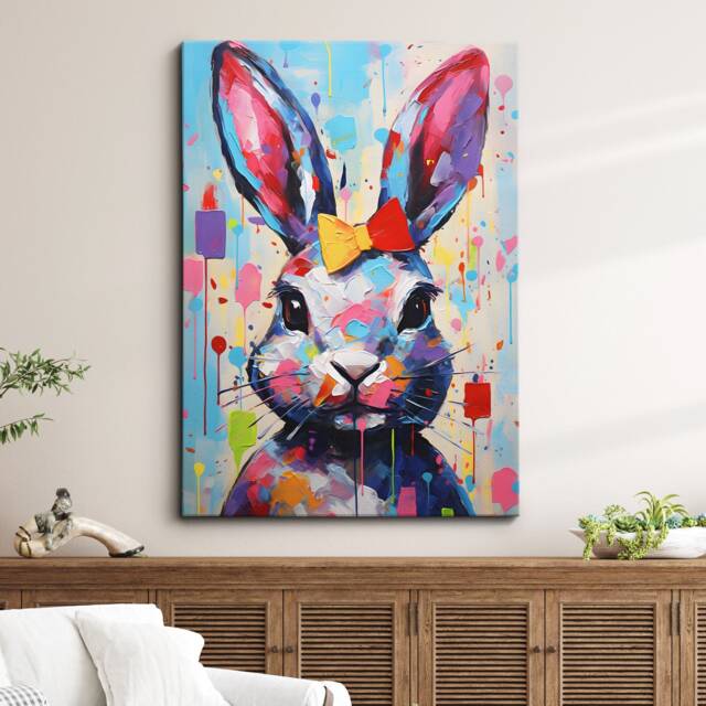 Colorful Rabbit Animal Abstract Oil Painting Splatter Style Wall Art, Framed Canvas Poster Print, Home Kitchen Office Room Decor, Gifts - image 1