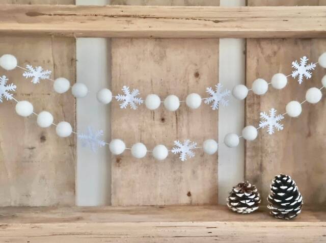 White Christmas Garland, Nordic Felt Ball & Snowflake Garland, 2022 Christmas, Pom Neutral - image 1