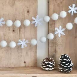 White Christmas Garland, Nordic Felt Ball & Snowflake Garland, 2022 Christmas, Pom Neutral - thumbnail 2