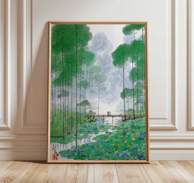 Japanese Landscape Wall Art, Bridge Over Lotus Pond Print, Tranquil Nature Scene, Water Garden Poster, Serene Asian Decor - image 1
