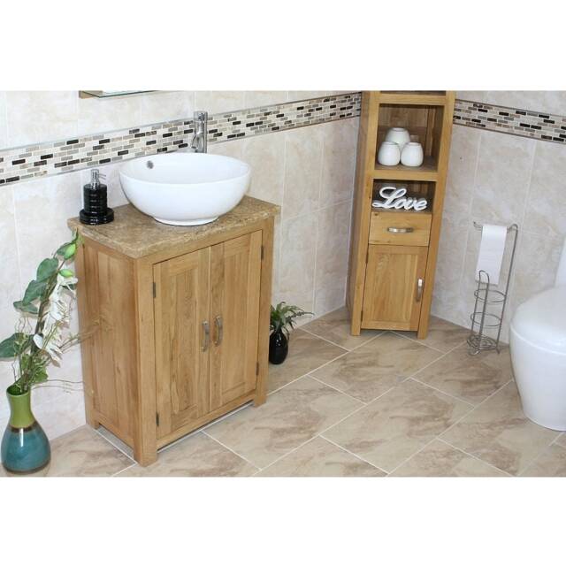 Solid Oak Bathroom Vanity Unit - Slimline Cabinet Travertine Worktop Ceramic Basin Choice 310Tcbc - image 1