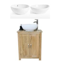 Solid Oak Bathroom Vanity Unit - Slimline Cabinet Travertine Worktop Ceramic Basin Choice 310Tcbc - thumbnail 2