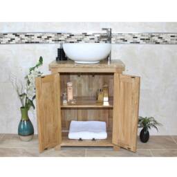 Solid Oak Bathroom Vanity Unit - Slimline Cabinet Travertine Worktop Ceramic Basin Choice 310Tcbc - thumbnail 3