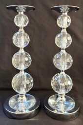 Modern 2 Chrome Metal Faceted Crystal Pillar Candleholder-Clear Glass Jar/Vase/Silver Rhinestone - Pair Footed Silver Beaded - thumbnail 2