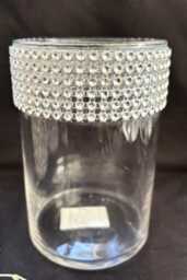 Modern 2 Chrome Metal Faceted Crystal Pillar Candleholder-Clear Glass Jar/Vase/Silver Rhinestone - Pair Footed Silver Beaded - thumbnail 3