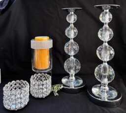 Modern 2 Chrome Metal Faceted Crystal Pillar Candleholder-Clear Glass Jar/Vase/Silver Rhinestone - Pair Footed Silver Beaded
