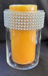 Modern 2 Chrome Metal Faceted Crystal Pillar Candleholder-Clear Glass Jar/Vase/Silver Rhinestone - Pair Footed Silver Beaded - thumbnail 4