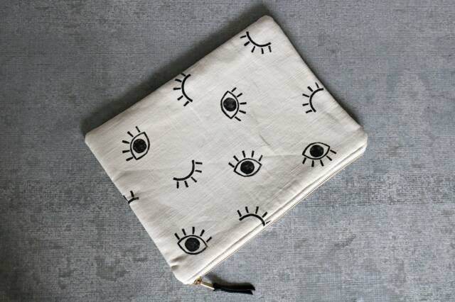 Block Print Eyeball Laptop Sleeve/Cream Black White Linen Geometric Eye Handmade Fabric Tablet Case Macbook Ipad Clutch Zipper Pouch - image 1