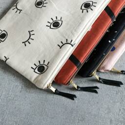 Block Print Eyeball Laptop Sleeve/Cream Black White Linen Geometric Eye Handmade Fabric Tablet Case Macbook Ipad Clutch Zipper Pouch - thumbnail 4