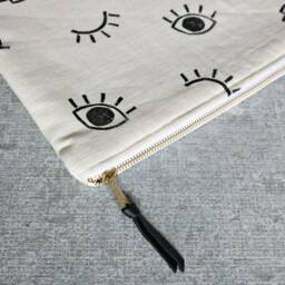 Block Print Eyeball Laptop Sleeve/Cream Black White Linen Geometric Eye Handmade Fabric Tablet Case Macbook Ipad Clutch Zipper Pouch - thumbnail 3