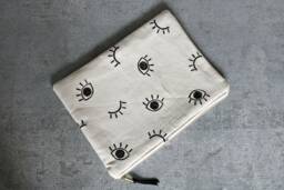 Block Print Eyeball Laptop Sleeve/Cream Black White Linen Geometric Eye Handmade Fabric Tablet Case Macbook Ipad Clutch Zipper Pouch - thumbnail 1