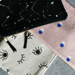 Block Print Eyeball Laptop Sleeve/Cream Black White Linen Geometric Eye Handmade Fabric Tablet Case Macbook Ipad Clutch Zipper Pouch - thumbnail 2