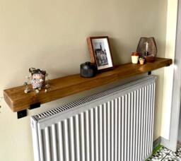 Rustic Chunky Wood Wall Shelf With Brackets - Radiator Cover Steel Handmade in UK 15cm Deep 4.5cm Thick - thumbnail 1