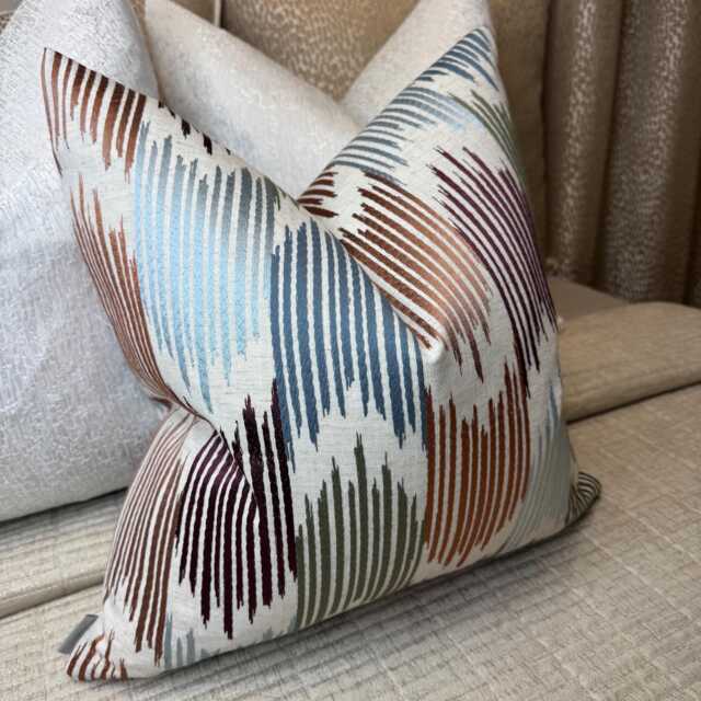 Abstract Cushion Cover - Modern Home Decor Pillow Embroidered Design John Lewis Valle Ikat Fabric Lake Blue Multi - image 1