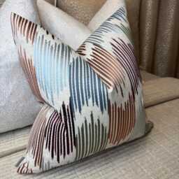Abstract Cushion Cover - Modern Home Decor Pillow Embroidered Design John Lewis Valle Ikat Fabric Lake Blue Multi - thumbnail 1