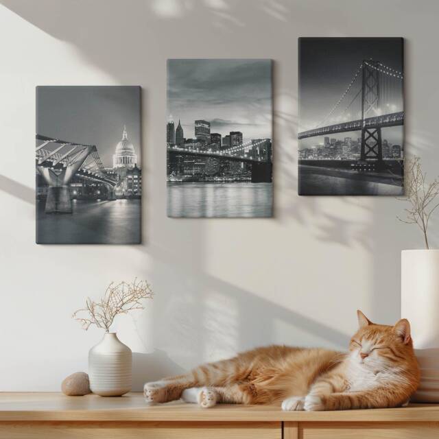 Canvas Art Set Of 3 - Bridges & City Architecture in Shades Gray, Black White Large Wall Art, Travels Hanging Piece - image 1