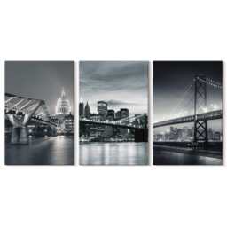 Canvas Art Set Of 3 - Bridges & City Architecture in Shades Gray, Black White Large Wall Art, Travels Hanging Piece - thumbnail 3