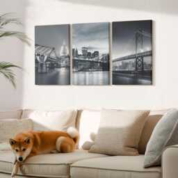Canvas Art Set Of 3 - Bridges & City Architecture in Shades Gray, Black White Large Wall Art, Travels Hanging Piece - thumbnail 2