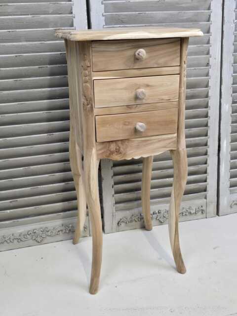 Unfinished Teak Bedside Table, 3-Drawer Carved Wood Nightstand - image 1