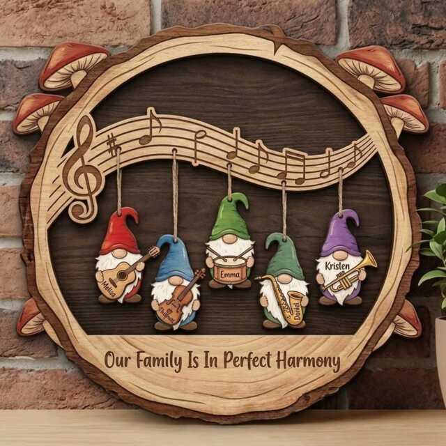 Personalized Musical Gnome Family Sign, Custom Wooden Harmony Wall Art, Music Lovers Decor - image 1
