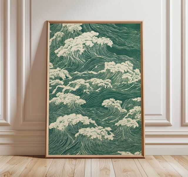 Mount Fuji Poster, Green Japanese Linework Art Print, Cloud Landscape Wall - image 1