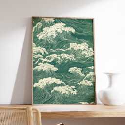 Mount Fuji Poster, Green Japanese Linework Art Print, Cloud Landscape Wall - thumbnail 2